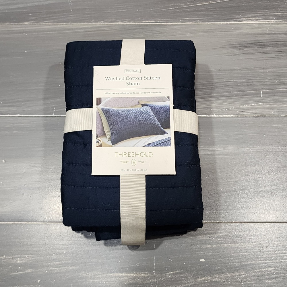 Threshold Dark Navy Blue Washed Cotton Sateen Standard Pillow Sham Quilted 1 PC